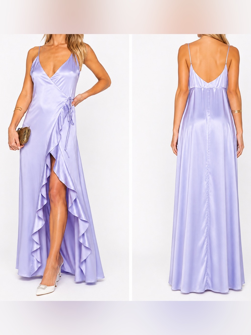 Privacy Please by Revolve XS Lilac Satin Wrap Maxi Dress Slit Formal Wedding EUC